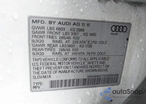 2017 Audi Q7 3.0T Premium from USA, damaged, VIN WA1AAAF73HD034458